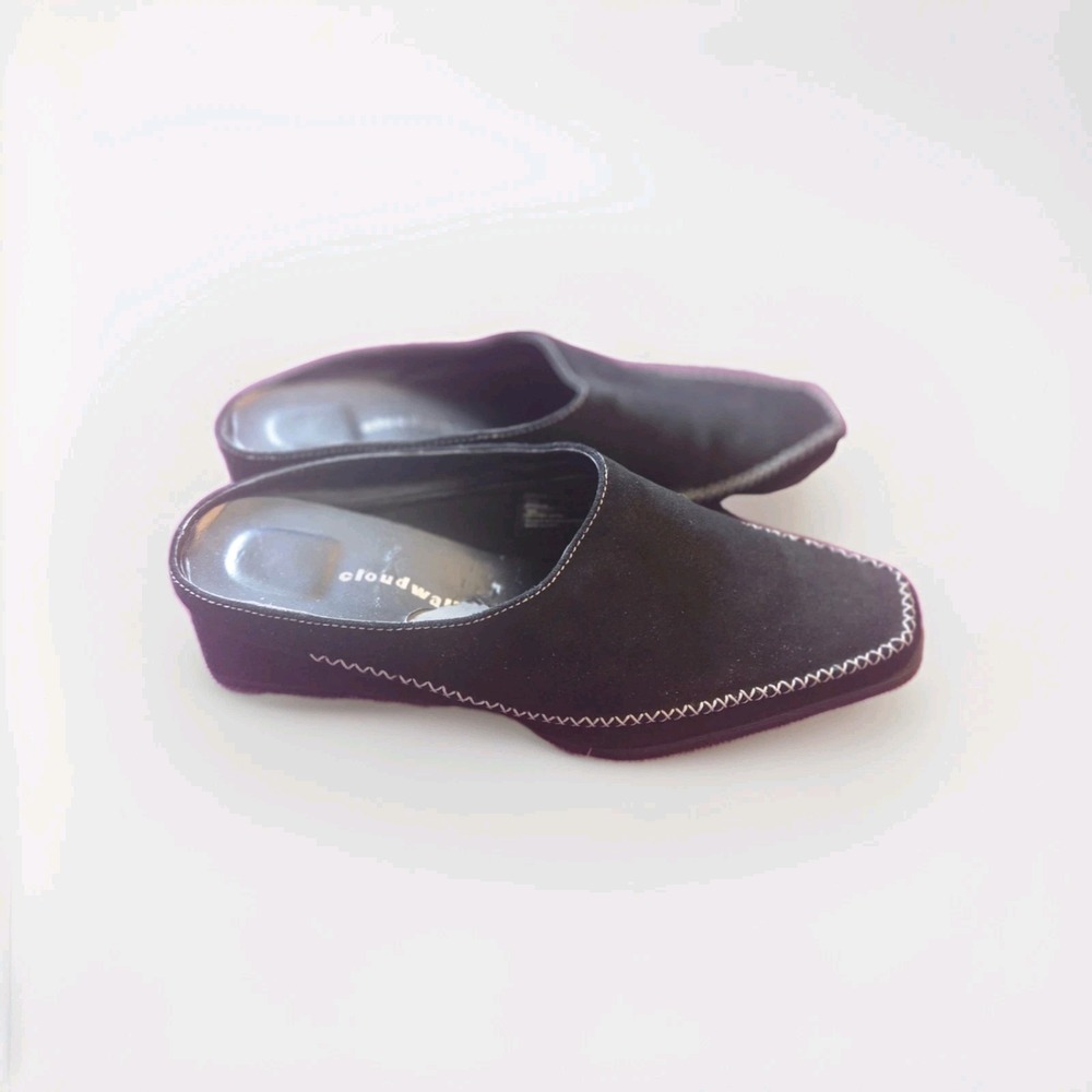 Cloudwalkers Black Suede Slip-On Mules 8W Square Toe Contrast Stitch Comfort